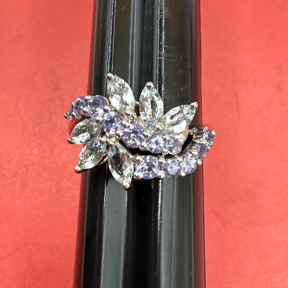 Glamorous Blue Topaz Purple Amethyst Sterling Silver Cocktail Gems Ring Size 8 - Picture 7 of 12